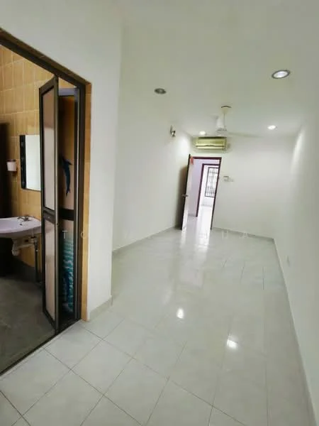 Room features: white painted walls, glossy ceramic tile flooring, ceiling fan, recessed downlights, doorway leading to bathroom, doorway leading to another room, air conditioning unit, window with natural light; style: modern.
