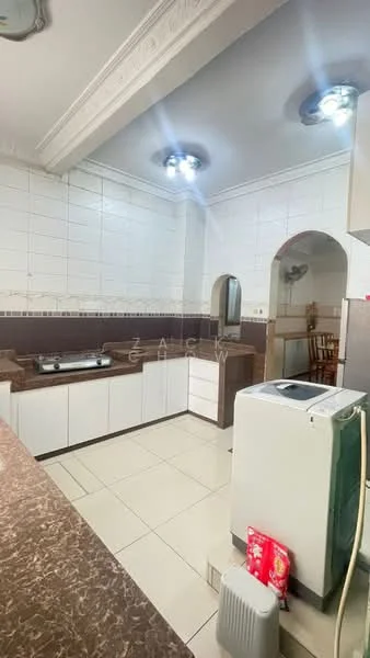 Kitchen features: white tiled walls, brown granite countertop, white cabinetry, built-in gas stove, stainless-steel sink, refrigerator, washing machine, tile flooring, recessed ceiling lights, arched doorway, open layout to dining area; style: modern.
