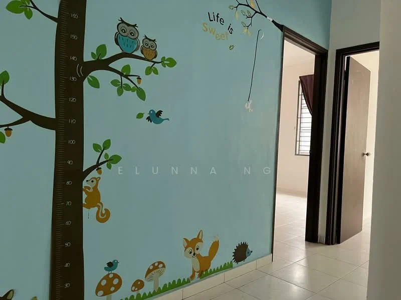 Room features: light blue painted walls with tree and animal decals, white tiled flooring, doorway leading to another room, window with black frame, curtains in dark color; style: modern.