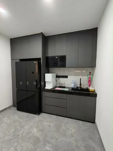 Kitchen features: black refrigerator, built-in microwave, black countertop, black cabinetry, stainless-steel sink, chrome pull-down faucet, grey tile flooring, white walls, kitchen utensils on countertop, water dispenser, glass backsplash; style: modern.