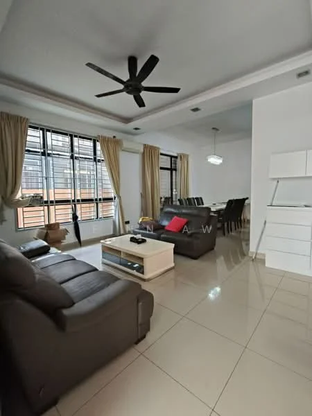 Living features: 3-seater fabric sofa in grey, 2-seater fabric sofa in grey, coffee table, TV console, wall-mounted TV, area rug, 5-blade ceiling fan with light, floor-to-ceiling windows with sheer curtains, cream painted walls, glossy tile flooring, decorative wall art; style: modern; view: city. Dining features: 6-seater dining table, upholstered dining chairs, pendant lighting, white cabinetry, open shelving; style: modern.