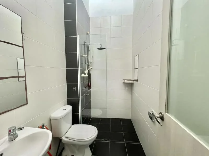 Bathroom features: white tiled walls, black tiled flooring, walk-in shower with glass enclosure, chrome shower head, toilet, single-sink vanity with mirror, wall-mounted shelf, glass door; style: modern.