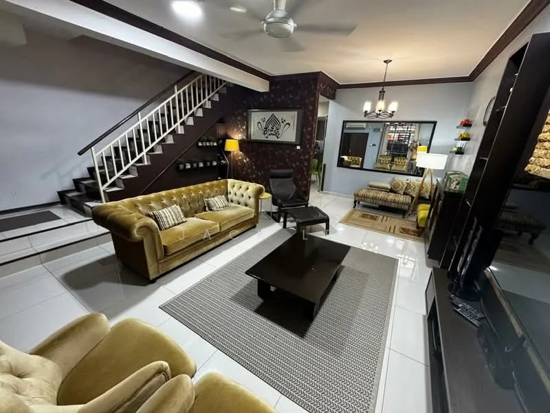 Living features: 3-seater fabric sofa in beige, 2-seater fabric sofa in grey, coffee table, area rug with geometric pattern, wall-mounted TV, entertainment unit, ceiling fan, recessed downlights, decorative wall paneling, staircase with white railing, decorative mirror, wall clock; style: contemporary.