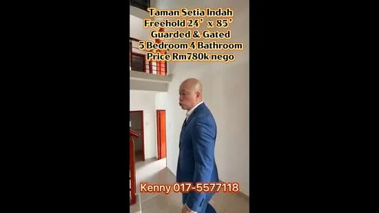 Room features: white painted walls, tile flooring, staircase with wooden railing, high ceiling, large windows, doorway leading to another room, neutral color scheme, open space layout; style: modern.