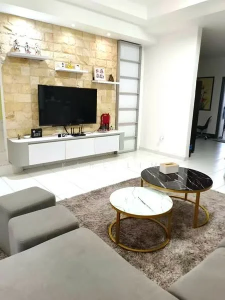 Living features: light grey fabric sectional sofa, marble-top coffee table with gold base, round coffee table with marble top, area rug with neutral tones, wall-mounted flat-screen TV, white media console with drawers, stone accent wall, recessed ceiling lights, decorative shelves with figurines, large windows with natural light; style: modern.
