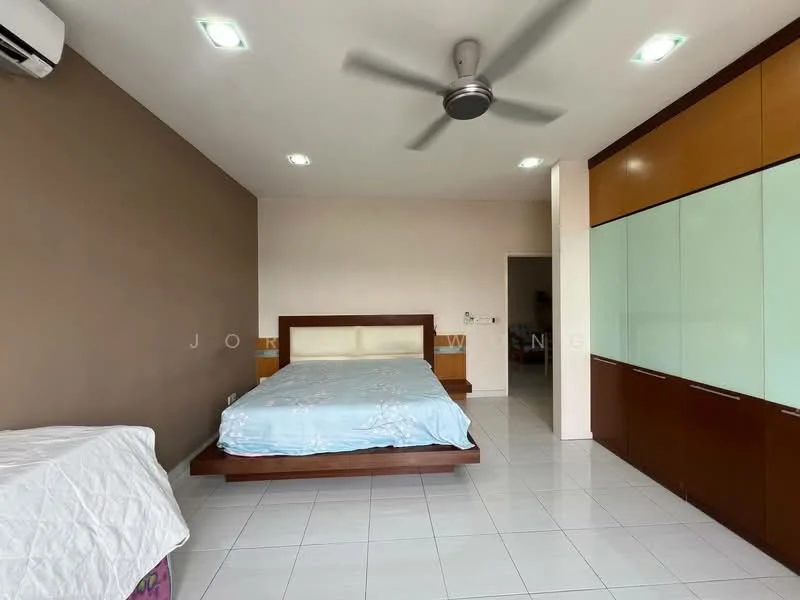 Bedroom features: queen-size bed, upholstered headboard, built-in wardrobe with sliding doors, white bed linens, ceiling fan, wall-mounted air conditioning unit, white tiled flooring, brown accent wall, recessed downlights; style: modern.