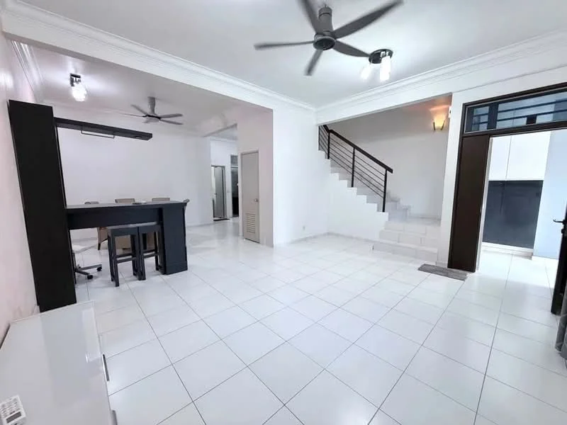 Living features: white painted walls, white tile flooring, 5-blade ceiling fan with light, 2 ceiling fans, staircase with metal railing, open layout, large windows, dining table with 4 chairs, light fixtures, doorway leading to outdoor area; style: modern.
