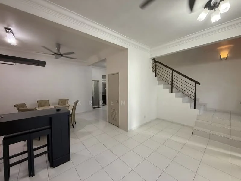 Living features: white painted walls, white tiled flooring, 5-blade ceiling fan with light, recessed downlights, open-plan layout, staircase leading to upper level, large windows for natural light, dining area visible in background; style: modern.