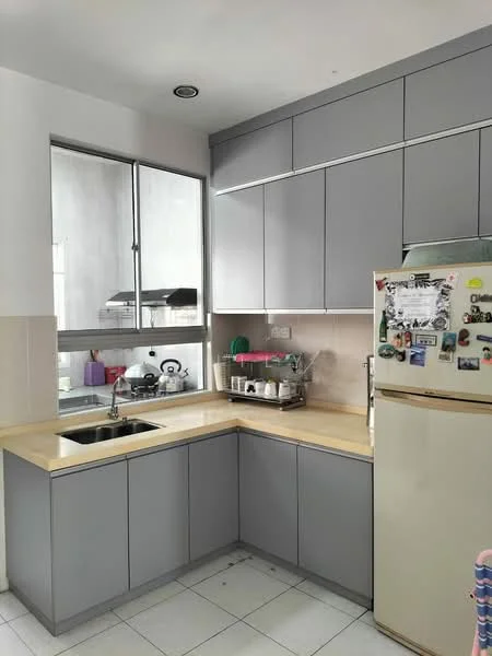 Kitchen features: grey flat-panel cabinets, light-colored countertop, single-bowl stainless-steel sink, chrome pull-down faucet, built-in refrigerator, window with sliding glass, tile backsplash, white tiled flooring; style: modern.