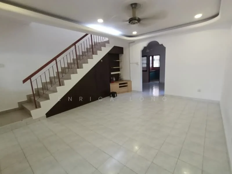 Living features: white painted walls, ceramic tile flooring, 5-blade ceiling fan, staircase with wooden railing, built-in shelving unit, recessed lighting, open layout, natural light from windows; style: modern.
