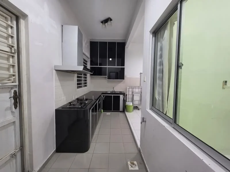 Kitchen features: black cabinetry, white tiled backsplash, stainless-steel gas hob, stainless-steel range hood, grey tiled flooring, single-bowl stainless-steel sink, window with green view, open layout, wall-mounted cabinets, countertop space, door leading to outside, light fixture on ceiling; style: modern.