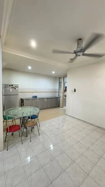 Kitchen features: ceramic tile flooring, white painted walls, ceiling fan, refrigerator, kitchen cabinets in grey, stainless-steel sink, glass dining table, 4 dining chairs, wall-mounted cabinets, countertop space, light fixtures; style: modern.