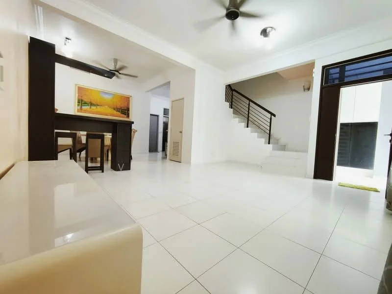 Living features: white painted walls, white tiled flooring, 5-blade ceiling fan, recessed downlights, dining table with four chairs, open layout, staircase leading to upper floor, large windows, door leading to outdoor area; style: modern.