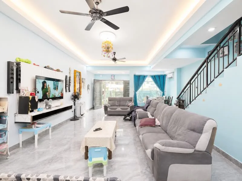 Living features: grey fabric L-shape sectional sofa, 2-seater fabric sofa, coffee table, TV console with wall-mounted TV, marble flooring, ceiling fan with light, recessed downlights, decorative ceiling with cove lighting, large sliding glass door, window with sheer curtains, wall-mounted fan, decorative wall art; style: modern; view: garden.