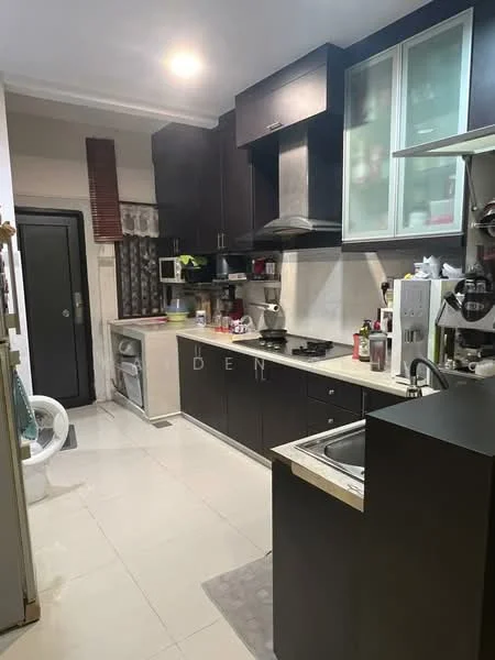 Kitchen features: black cabinetry, white countertop, stainless-steel sink, chrome pull-down faucet, built-in oven, freestanding range oven, microwave, refrigerator, ceramic tile flooring, wall-mounted cabinets, window with sheer curtains, kitchen island, tile backsplash, under-cabinet lighting; style: modern.