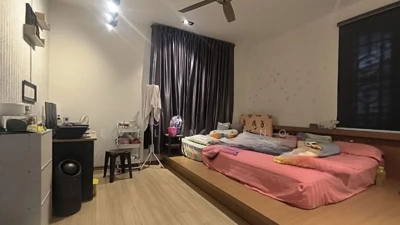 Bedroom features: wooden flooring, white painted walls, dark curtains, ceiling fan, built-in wardrobe, bed with pink bedding, bed with yellow bedding, small bedside table, desk with chair, laundry rack, decorative wall stars, wall-mounted light fixtures; style: modern.