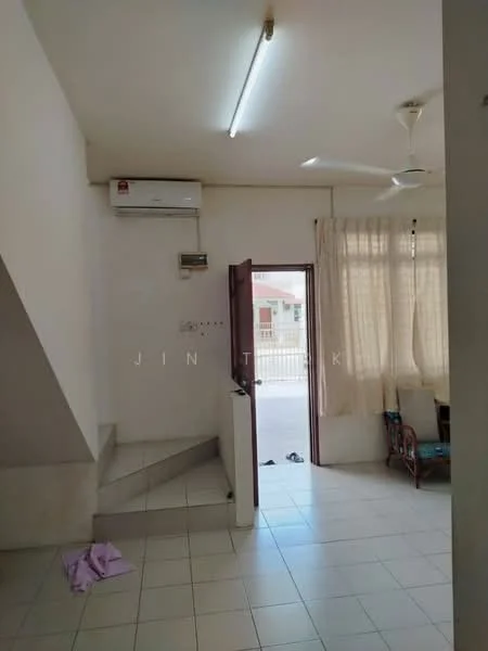 Room features: white painted walls, tile flooring, 1 wall-mounted split AC, ceiling fan, curtains, staircase, door leading outside, light fixtures.