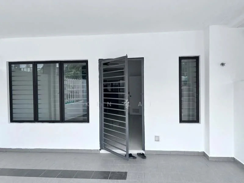 Exterior features: white painted facade, sliding windows, grey metal door, grey tiled flooring, open entrance, minimalist design; style: modern.