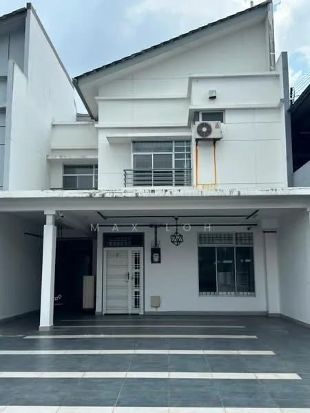 Exterior type: semi-detached house; features: white painted facade, flat roof, approximately 2-storey, manicured lawn, paved driveway, wall-mounted split AC unit, front porch with columns, large windows, security door, interior door visible, grey tiled flooring; style: modern.