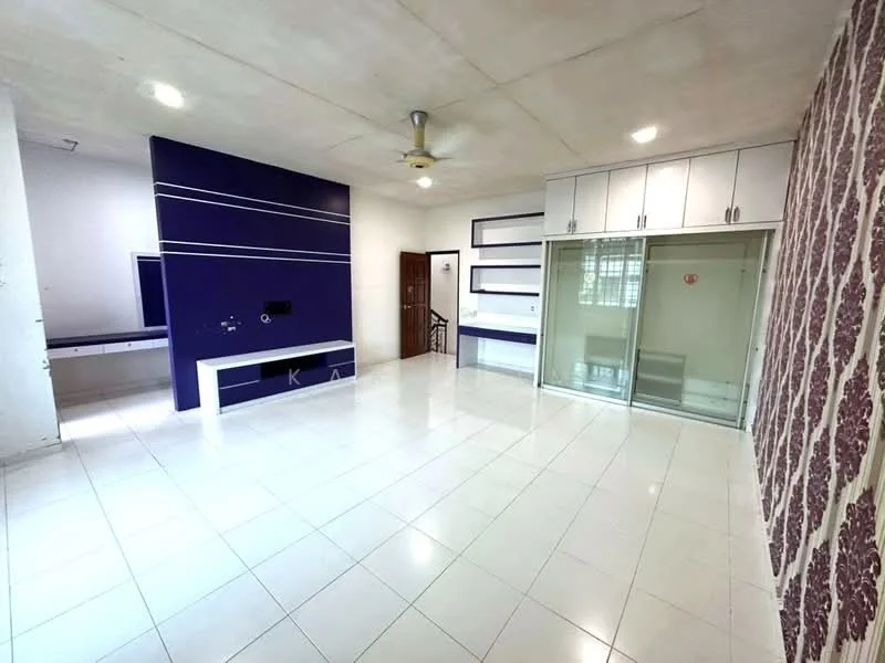 Living features: white tiled flooring, purple accent wall with horizontal stripes, exposed concrete ceiling, ceiling fan, built-in cabinetry with white finish, sliding glass door, wall-mounted TV console, natural light from windows; style: modern.