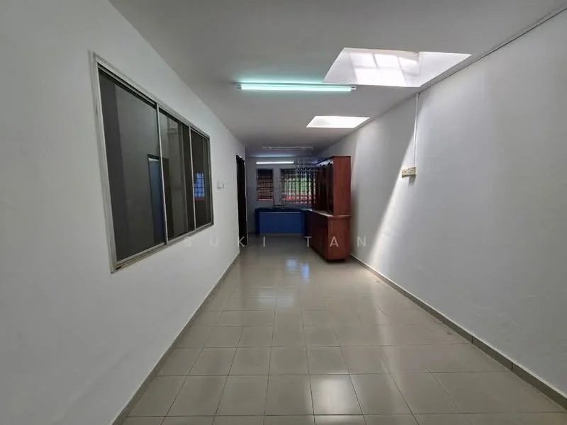 Room features: white painted walls, tile flooring, skylight, large window, open layout, built-in cabinetry, fluorescent ceiling lights; style: modern.
