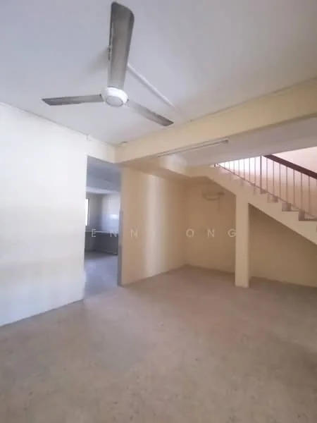Room features: cream painted walls, concrete flooring, 5-blade ceiling fan, staircase with railing, open layout, natural light from windows, no visible furniture, high ceiling; style: minimalist.