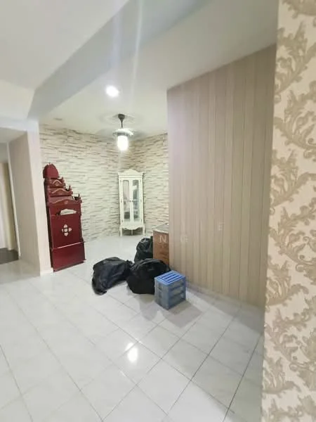 Room features: white tiled flooring, light beige painted walls, feature wall with stone cladding, decorative wallpaper with floral pattern, ceiling light fixture, wooden cabinet in red, glass display cabinet, boxes and bags on the floor; style: contemporary.