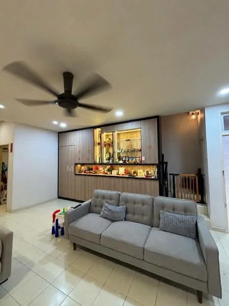 Living features: 5-blade ceiling fan with light, grey fabric 3-seater sofa, white walls, tile flooring, built-in wooden cabinetry with glass display, decorative items on shelves, recessed lighting, staircase visible in background; style: modern.