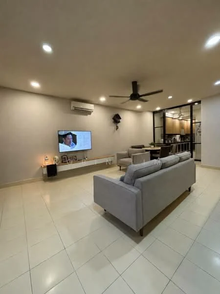 Living features: cream painted walls, polished tile flooring, 5-blade ceiling fan with light, wall-mounted TV, TV console, 2-seater fabric sofa in grey, 3-seater fabric sofa in grey, decorative wall clock, LED recessed downlights, open shelving, decorative plants; style: modern.