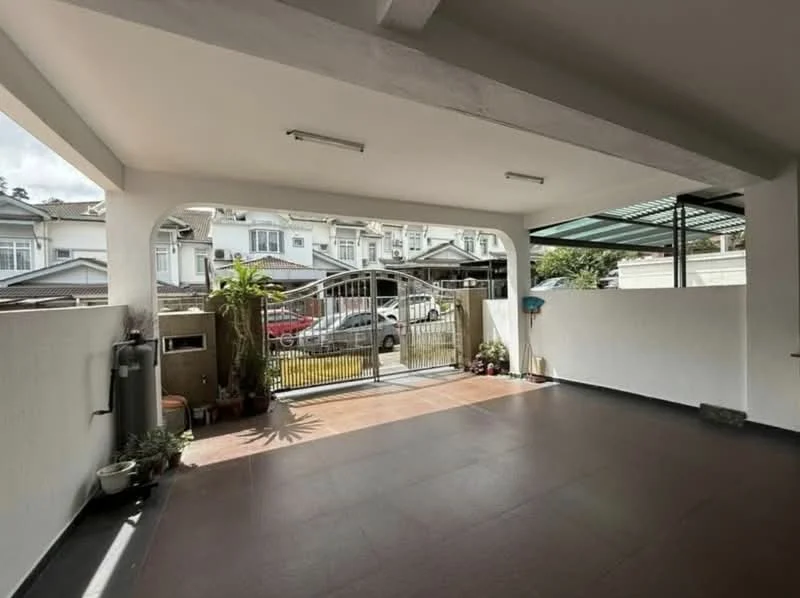 Exterior type: car porch; features: covered car porch, sliding gate, white painted walls, grey tiled flooring, potted plants, outdoor lighting fixtures, open space, adjacent to residential houses; style: modern.
