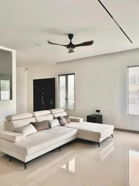Living features: L-shape sectional sofa in white, coffee table, floor-to-ceiling windows, white painted walls, polished tile flooring, 5-blade ceiling fan, black side table, decorative cushions; style: modern.
