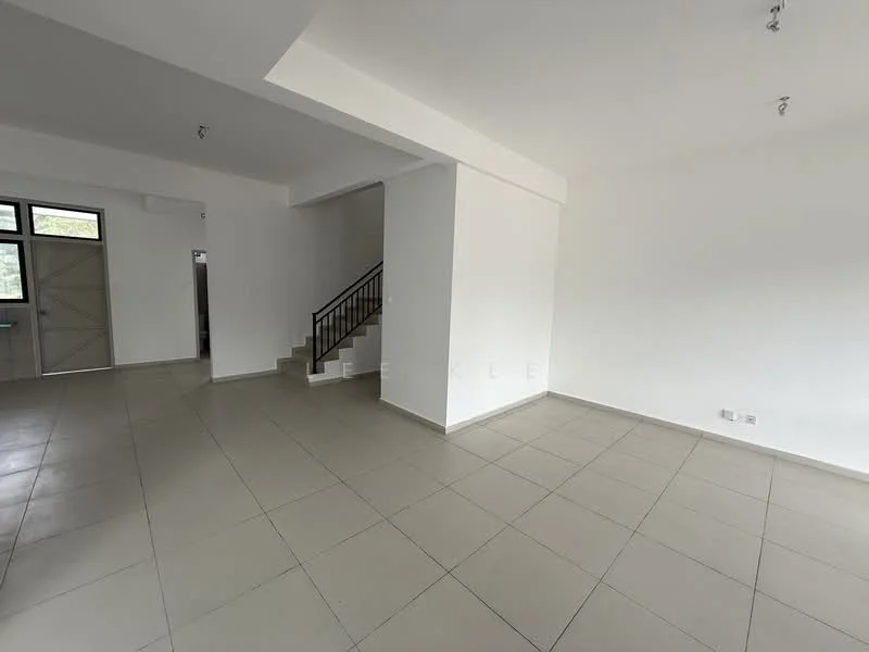 Room features: white painted walls, tile flooring, staircase, large windows, recessed lighting, open layout, neutral color scheme, no visible furniture; style: modern.