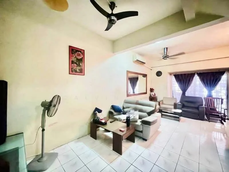 Living features: white painted walls, tile flooring, 5-blade ceiling fan, 2-seater fabric sofa in grey, 3-seater fabric sofa, coffee table, wall-mounted mirror, floor lamp, curtains, TV console, wall-mounted TV, armchair, decorative artwork; style: modern.