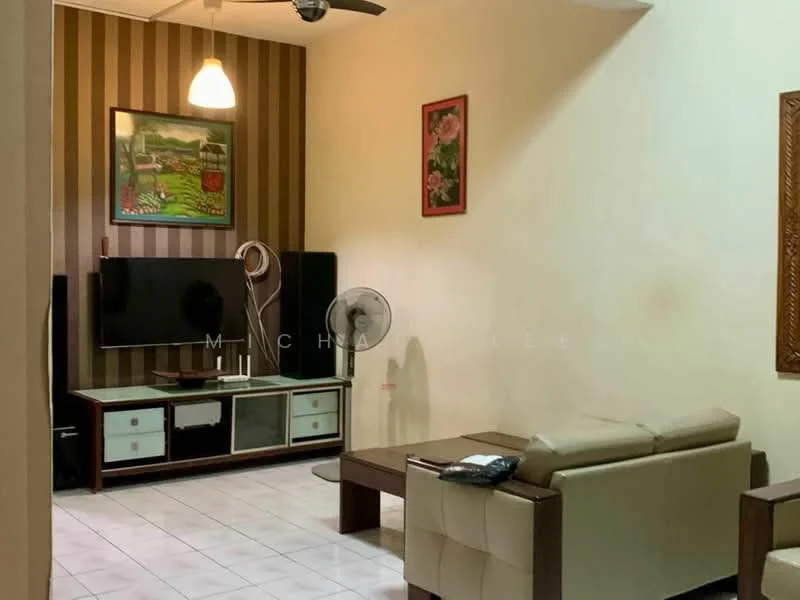 Living features: cream painted walls, striped accent wall in brown and beige, white ceiling, 5-blade ceiling fan, wall-mounted TV, TV console with storage, coffee table, 2-seater leather sofa in cream, decorative artwork on wall, framed floral artwork, floor tiles in white, standing fan; style: contemporary.