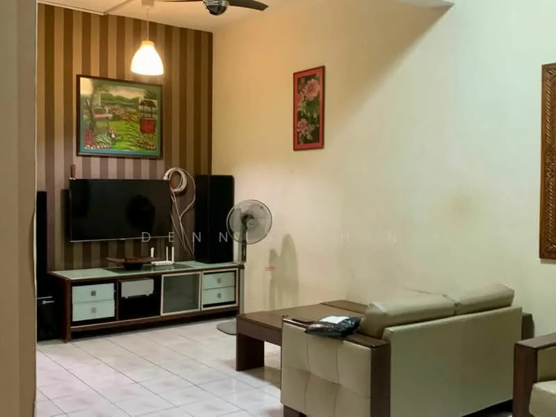 Living features: cream painted walls, striped accent wall in brown and beige, white tiled flooring, 3-seater leather sofa in cream, wood coffee table, TV console with glass doors, wall-mounted flat-screen TV, decorative framed artwork, ceiling fan, floor fan, decorative wall art; style: modern.