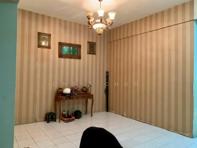 Room features: striped wallpaper in beige and cream, white tiled flooring, chandelier with multiple bulbs, wooden console table, framed artwork on walls, decorative items on console table, black chair, floor space with no furniture; style: traditional.