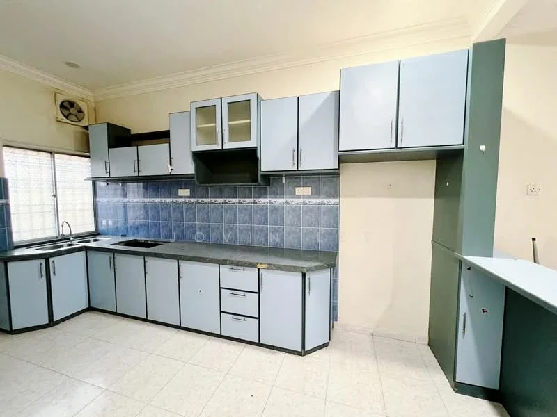 Kitchen features: blue cabinetry, white countertop, stainless-steel sink, chrome faucet, built-in stove, tile backsplash in blue, window with blinds, wall-mounted split AC, ceramic tile flooring, upper cabinets with glass fronts; style: modern.