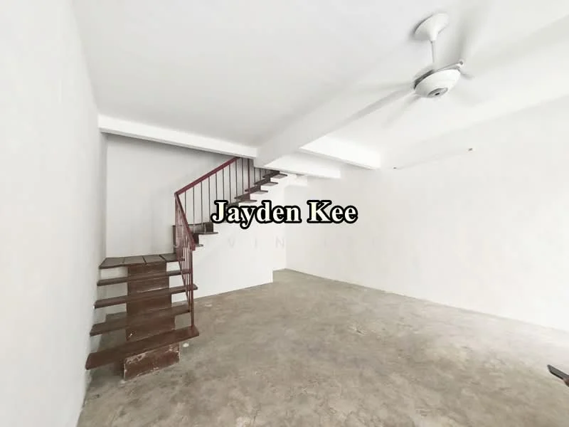 Room features: white painted walls, concrete flooring, exposed ceiling, ceiling fan, staircase with wooden steps and metal railing; style: minimalist.