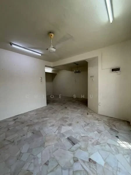 Room features: white painted walls, marble flooring, ceiling fan, fluorescent ceiling lights, chandelier, open layout.