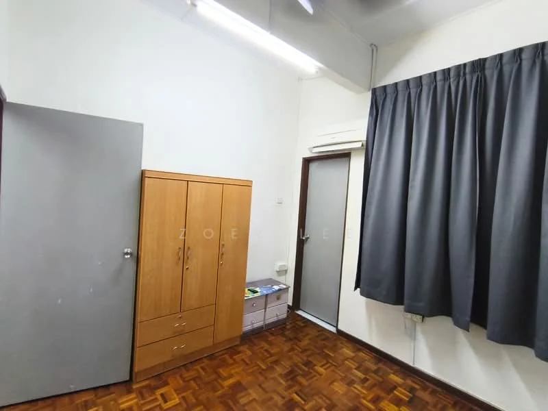 Room features: wooden flooring, white painted walls, grey curtains, built-in wardrobe with wooden finish, air conditioning unit, ceiling lights, desk or table, window with sliding door.