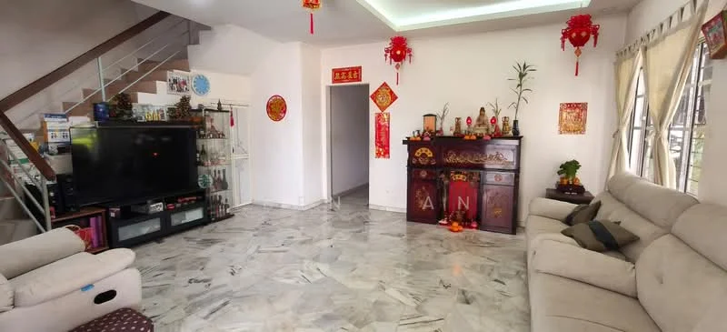 Living features: marble flooring, white painted walls, recessed ceiling lights, large windows with sheer curtains, sofa in light beige fabric, TV console with black finish, decorative cabinet with glass doors, decorative wall art, Chinese New Year decorations, coffee table, area rug, open staircase, plants in pots; style: contemporary.
