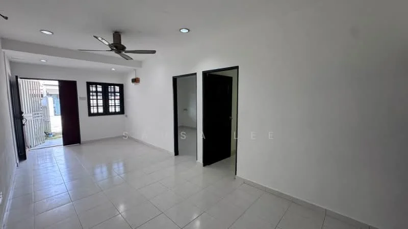 Room features: white painted walls, tile flooring, 5-blade ceiling fan with light, black door frames, floor-to-ceiling windows, sliding glass door, recessed downlights, open layout; style: modern.