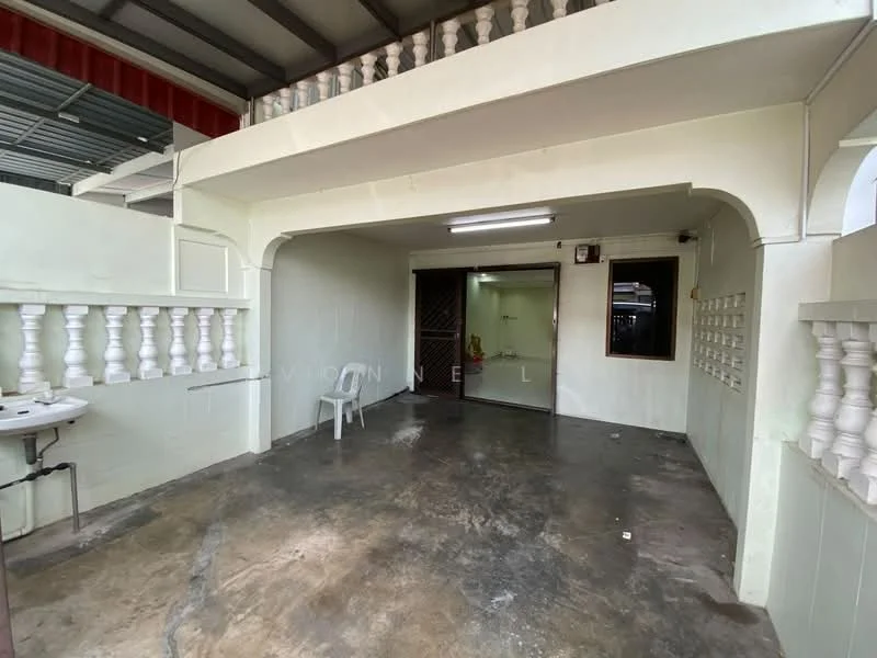 Room features: concrete flooring, white painted walls, arched openings, white balustrade, overhead fluorescent lighting, sink with faucet, single plastic chair, open layout, exposed ceiling beams; style: modern.