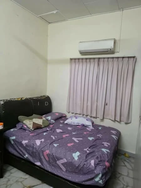 Bedroom features: double bed with patterned bedding, upholstered headboard, bedside table, air conditioning unit, curtains, laminate flooring, white painted walls, ceiling with tiles.