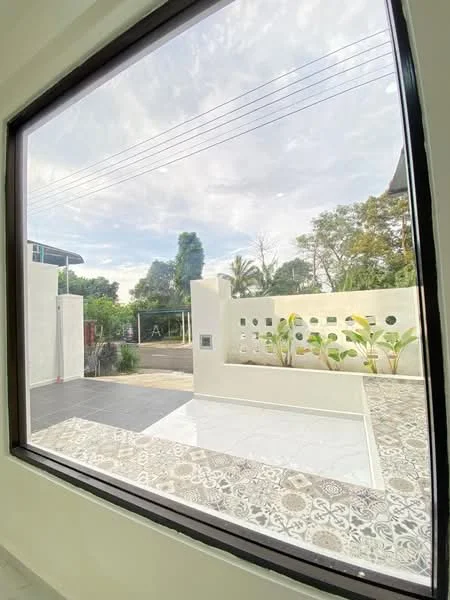 Room features: large window, white walls, decorative floor tiles, outdoor view, greenery visible outside, paved walkway, fenced area, natural light; style: modern; view: garden.