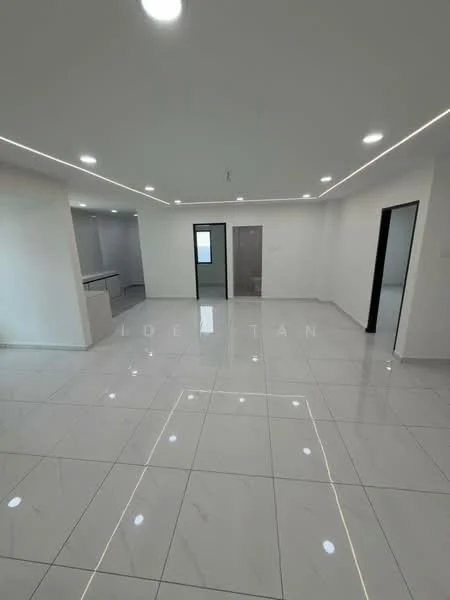 Room features: white painted walls, glossy white tile flooring, recessed LED downlights, open layout, large windows, sliding glass door, ceiling with cove lighting, neutral color scheme; style: modern.