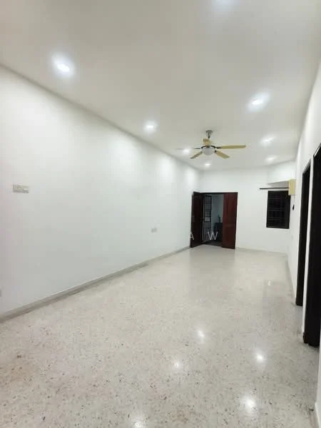 Living features: white painted walls, polished concrete flooring, 5-blade ceiling fan with light, recessed LED downlights, doorway leading to another room, large window, neutral color scheme; style: modern.