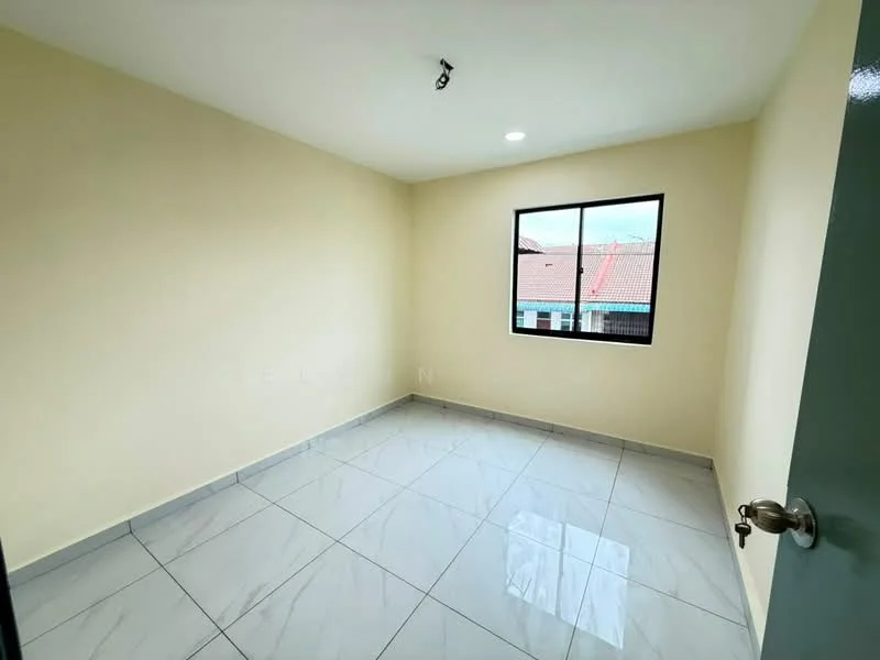 Room features: light grey marble tile flooring, cream painted walls, single-pane window, ceiling light fixture, no visible furniture, corner room, standard door, window with view of rooftops; style: modern; view: city.