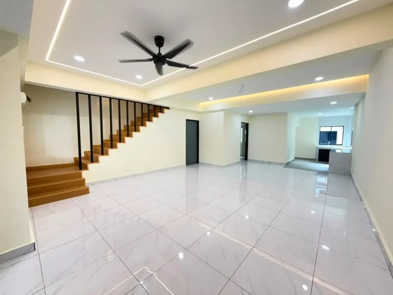 Living features: large white porcelain tile flooring, white painted walls, recessed LED downlights, 5-blade ceiling fan, staircase with wooden steps, open layout, large windows for natural light, neutral color scheme; style: modern.
