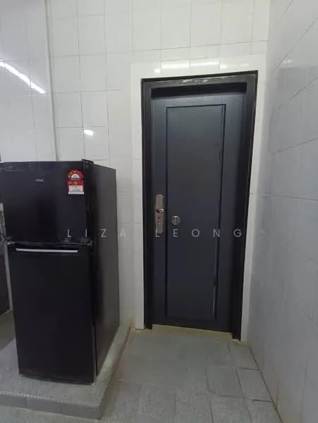 Room features: black fridge, grey tiled flooring, white tiled walls, black door, metal door handle, door frame, light fixture on ceiling; style: modern.